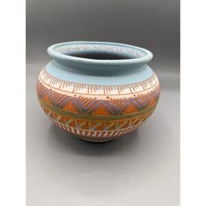 Signed GW Southwestern Art Pottery Bowl Vase Turquoise Orange Hand Painted